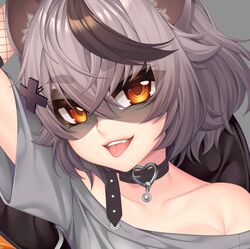  animal_ears bare_shoulders black_hair choker female grey_hair hair_between_eyes heart highres indie_virtual_youtuber looking_at_viewer multicolored_hair murmoruno open_mouth orange_eyes raccoon_ears raccoon_girl snuffy_(vtuber) snuffy_(vtuber)_(1st_costume) solo streaked_hair teeth tongue tongue_out two-tone_hair upper_body virtual_youtuber 