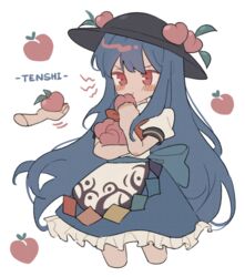  bad_id bad_twitter_id black_headwear blouse blue_hair blue_skirt character_name commentary disembodied_hand eating female food frilled_skirt frills fruit hinanawi_tenshi holding holding_food leaf long_hair peach petticoat puffy_short_sleeves puffy_sleeves rainbow_order rbfnrbf_(mandarin) red_eyes shirt short_sleeves simple_background skirt solo standing symbol-only_commentary touhou v-shaped_eyebrows white_background white_shirt 