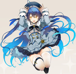  :d absurdres ahoge amamiya_kokoro arms_up beret black_footwear black_hat blue_hair brown_eyes commentary_request female frilled_skirt frills full_body gradient_hair grey_background grey_jacket grey_skirt hair_between_eyes hat highres jacket long_hair long_sleeves looking_at_viewer multicolored_hair nijisanji nishiide_kengorou oerba_yun_fang open_clothes open_jacket open_mouth shirt shoes simple_background skirt sleeves_past_wrists smile solo sparkle thighhighs two_side_up very_long_hair virtual_youtuber white_shirt white_thighhighs 