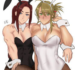  2girls animal_ears black_leotard blue_eyes blush breasts collarbone detached_collar drill_(emilio) embarrassed fake_animal_ears folded_ponytail green_eyes hand_on_own_knee hand_up leotard light_brown_hair looking_at_viewer multiple_girls original pantyhose parted_bangs playboy_bunny rabbit_ears scar scar_on_face side_ponytail simple_background smile strapless strapless_leotard unfinished white_background wrist_cuffs 