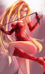  blonde_hair boots breasts cleavage clenched_teeth commentary elbow_gloves female full_body gloves hair_tie highres holding holding_whip large_breasts leotard long_hair looking_at_viewer matsunaga777 ponytail red_eyes red_footwear red_leotard shynesslady solo standing standing_on_one_leg star_ocean star_ocean_the_second_story teeth very_long_hair whip 