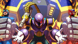  3boys absurdres android armor blonde_hair blue_armor blurry blurry_background cowboy_shot dasoin dated glowing glowing_eye gun helmet highres holding korean_commentary legs_apart machine_gun male_focus mega_man_(series) mega_man_x_(series) mega_man_x_dive mixed-language_commentary multiple_boys open_mouth purple_armor red_armor ride_armor robot shadow signature sparkle standing vile_(mega_man) weapon x_(mega_man) zero_(mega_man) 