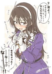  ashigara_(kancolle) ashigara_kai_ni_(kancolle) blush brown_eyes commentary_request female flying_sweatdrops gloves hair_between_eyes hairband highres kantai_collection long_hair long_sleeves military military_uniform oerba_yun_fang open_mouth simple_background skin_fang solo speech_bubble tears translation_request twitter_username umino_mokuzu_(shizumisou) uniform white_gloves 