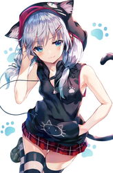  animal_ear_fluff animal_ears armpits bare_arms bare_shoulders black_jacket blue_eyes breasts cable cat_ears cat_tail commentary earphones female grey_hair hair_ornament hairclip hand_in_pocket hand_up highres hood hooded_jacket huwari_(dnwls3010) jacket leg_up loafers long_hair looking_at_viewer low_twintails miniskirt oerba_yun_fang original paw_print paw_print_background pleated_skirt red_skirt shoes skirt sleeveless sleeveless_jacket small_breasts smile solo striped_clothes striped_thighhighs tail tail_raised thighhighs twintails white_background zettai_ryouiki 