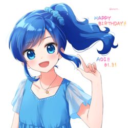  :d aikatsu!_(series) aikatsu_on_parade! bad_id bad_pixiv_id blue_dress blue_eyes blue_hair blue_scrunchie blush collarbone commentary_request dress female hair_ornament hair_scrunchie hand_up happy_birthday head_tilt index_finger_raised kiriya_aoi long_hair looking_at_viewer open_mouth polka_dot polka_dot_scrunchie scrunchie see-through see-through_sleeves short_sleeves side_ponytail sidelocks simple_background smile solo star_(symbol) twitter_username upper_body white_background yumoran 