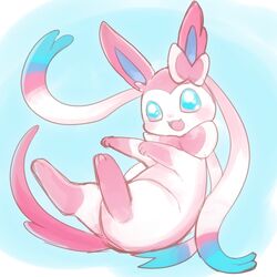  1:1 ambiguous_gender blue_background blue_body blue_eyes blue_fur eeveelution feral fur generation_6_pokemon gradient_background kinakomochi looking_at_viewer multicolored_body multicolored_fur nintendo open_mouth pink_body pink_fur pokemon pokemon_(species) simple_background solo sylveon white_background white_body white_fur 