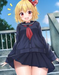  :d absurdres alternate_costume blonde_hair blue_serafuku blue_skirt blue_sky blue_sweater blush bow breasts buttons commentary_request day eyelashes female hairbow highres long_sleeves medium_breasts miniskirt neckerchief open_mouth orange_eyes outdoors pleated_skirt red_bow red_neckerchief rumia school_uniform serafuku shiny_skin short_hair skirt sky sleeves_past_wrists smile solo stairs standing suigetsu_(watermoon-910) sweater teeth thighs tongue touhou tree upper_teeth_only 