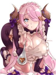  all_fours apron blush bow braid breasts candy chocolate cleavage clothing_cutout commentary crown_braid draph dress english_commentary feeding female food frilled_apron frills granblue_fantasy hair_ornament hair_over_one_eye hairbow heart heart-shaped_chocolate heart_cutout heart_hair_ornament highres horn_bow horn_ornament horns incoming_food large_breasts long_hair low-tied_long_hair mary_janes mr-poritan narmaya_(granblue_fantasy) pink_hair pointy_ears ribbed_sweater shoes simple_background sleeves_past_wrists solo spoon sweater sweater_dress twitter_username very_long_hair white_background 