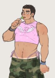  1boy abs absurdres alternate_costume bara black_hair blush bracelet camouflage camouflage_pants candy covered_nipples crop_top cropped_shirt dark-skinned_male dark_skin earrings feet_out_of_frame food highleg highleg_panties highres jewelry lim_kim-liong_(shan) lollipop long_sideburns looking_at_viewer male_focus navel navel_hair nipples original panties pants pectorals pink_panties pink_shirt shan_(shanshankuo) shirt short_hair sideburns solo stomach thick_eyebrows toned toned_male tongue tongue_out underwear 