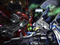  a_mituhashi axis_(gundam) beam_rifle char&#039;s_counterattack char&#039;s_counterattack_-_beltorchika&#039;s_children chibi commentary_request earth_(planet) energy_gun eye_contact glowing glowing_eyes green_eyes gundam hi-nu_gundam light_particles looking_at_another mecha mobile_suit nightingale_(gundam) no_humans one-eyed planet robot science_fiction sd_gundam shield space star_(sky) v-fin weapon yellow_eyes 