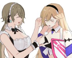  2girls 3o_c bare_shoulders bianka_durandal_ataegina blonde_hair breasts brown_hair casual_one-piece_swimsuit cleavage closed_eyes earrings feeding food frilled_one-piece_swimsuit frills headband holding holding_spoon honkai_(series) honkai_impact_3rd ice_cream jewelry large_breasts long_hair maid_headdress multiple_girls one-piece_swimsuit open_mouth rita_rossweisse rita_rossweisse_(phantom_iron) simple_background spoon surfboard swimsuit twintails upper_body very_long_hair white_background white_one-piece_swimsuit yuri 