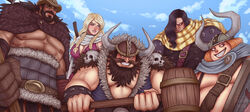  4boys abs alt_text beard black_coat black_hair blonde_hair blue_sky braid breasts cleavage cloud cloudy_sky coat commentary derivative_work dress english_commentary eyelashes facial_hair fake_horns female fur_trim gerd_(one_piece) giant giant_male goggles goldberg_(one_piece) hair_over_one_eye hajrudin helmet highres holding holding_weapon horned_helmet horns large_pectorals leather_belt long_beard long_hair long_mustache moustache multiple_boys one_piece pectorals red_hair road_(one_piece) scarf scarf_over_mouth screenshot_redraw sideburns skull sky sleeveless sleeveless_dress smile spiked_helmet stansen_(one_piece) stjarnskrik teeth thick_mustache twin_braids underpec weapon 