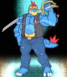  2019 absurd_res anthro badge barefoot belt biceps biped blue_body blue_scales bottomwear charm_(jewelry) claws clothed clothing crocodilian denim denim_bottomwear denim_clothing digital_media_(artwork) eyewear feet feraligatr generation_2_pokemon glint goggles hi_res holding_melee_weapon holding_object holding_sword holding_weapon jeans kingdomxathers lazorgator looking_at_viewer male melee_weapon musclegut muscular muscular_anthro muscular_male nintendo open_clothing open_topwear open_vest pants pecs pokemon pokemon_(species) pokemorph raised_arm red_eyes reptile scales scalie sentret solo standing sword togepi topwear torn_bottomwear torn_clothing torn_jeans torn_pants twitch_plays_pokemon vest weapon yellow_body yellow_scales 