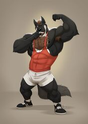  2019 5_fingers abs anthro armpit_hair avoid_posting beard biceps biped body_hair bottomwear bulge canid canine canis chest_hair clothed clothing digital_media_(artwork) facial_hair fingers flexing footwear fur furrybob hair hi_res male mammal muscular muscular_anthro muscular_male nex_anima_canis nipples pecs shirt shoes shorts simple_background solo standing tank_top topwear whistle_(disambiguation) wolf 