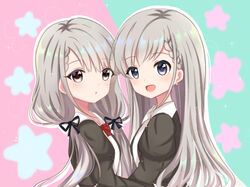  2girls :d black_eyes black_jacket black_ribbon blush bow braid braided_bangs brown_eyes collared_shirt commentary_request earrings green_background grey_hair hair_ribbon hisakawa_hayate hisakawa_nagi idolmaster idolmaster_cinderella_girls jacket jewelry juliet_sleeves long_hair long_sleeves looking_at_viewer looking_to_the_side multiple_girls open_clothes open_jacket open_mouth parted_lips pink_background puffy_sleeves red_bow ribbon satori_(ymoy) shirt siblings sisters smile twins two-tone_background upper_body very_long_hair white_shirt 