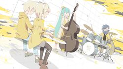  2boys 2girls aqua_hair bass_guitar blonde_hair blue_hair blush_stickers bow closed_eyes commentary cymbals dress drum drum_set drumsticks formal gyari_(imagesdawn) hair_ornament hairbow hairclip hat hatsune_miku highres hood hoodie instrument jacket kagamine_len kagamine_rin kaito_(vocaloid) keyboard_(instrument) long_hair mini_hat mini_top_hat multiple_boys multiple_girls music playing_instrument sandals scarf short_hair sitting smile suit top_hat transparent transparent_seat twintails very_long_hair vocaloid yellow_(vocaloid) yellow_dress yellow_headwear yellow_hoodie yellow_jacket yellow_suit 