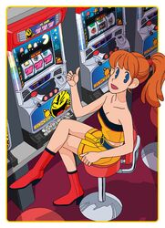  arcade arcade_cabinet belt blinky blue_eyes brown_hair casino cleavage clyde coins crossed_legs female ghost heels hiroshi_fuji inky legs looking_at_viewer mouth namco namco_heroine pac-man pinky seat skirt slot_machine thumbs_up video_games 