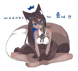  animal_ears barefoot blue_eyes brown_hair character_name corset dark_skin e_draw_paint feet female female grin hair_between_eyes indian_style long_hair original sharp_teeth simple_background sitting skirt smile solo tail teeth toes wasabi_iii white_background 