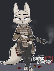  2019 anthro arctic_fox black_background bottomwear bulletproof_vest canid canine cheek_tuft clothed clothing disney english_text facial_tuft female fox grey_eyes gun half-closed_eyes hi_res holding_gun holding_object holding_ranged_weapon holding_weapon jacket josun looking_at_viewer mammal match narrowed_eyes outline pants plate_carrier ranged_weapon shell_(projectile) shotgun shotgun_shell simple_background skye_(zootopia) solo standing tactical text topwear true_fox tuft weapon white_outline zootopia 