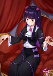  ang_(6107939) black_dress black_hair blush bow breasts brown_eyes chair commentary_request dress feet_out_of_frame female flower frills frown gokou_ruri hair_flower hair_ornament hairband highres long_hair long_sleeves looking_at_viewer medium_breasts mole mole_under_eye nail_polish ore_no_imouto_ga_konna_ni_kawaii_wake_ga_nai pink_flower purple_bow purple_nails red_eyes signature sitting solo_focus 