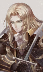  1boy alucard_(castlevania) angel31424 bishounen black_gloves blonde_hair bow bowtie cape castlevania_(series) commentary gloves holding holding_sword holding_weapon jacket leather leather_gloves leather_jacket long_hair looking_at_viewer male_focus photoshop_(medium) signature simple_background solo sword translated weapon white_bow white_bowtie 