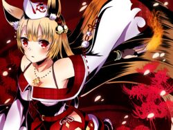  animal_ears bell black_gloves blonde_hair blunt_bangs bracelet breasts cleavage collarbone commentary_request divine_gate female fingerless_gloves fire floating_hair fox_ears fox_mask fox_tail gloves hair_bell hair_ornament hakama hakama_skirt holding japanese_clothes jewelry jingle_bell kimono long_hair looking_at_viewer mady_(madine08260) mask mask_on_head medium_breasts necklace off_shoulder outstretched_arm red_eyes red_hakama ribbon ribbon-trimmed_sleeves ribbon_trim skirt solo tail very_long_hair white_kimono white_ribbon 