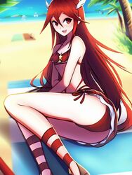  beach beach_towel bikini breasts commentary cordelia_(fire_emblem) cordelia_(summer)_(fire_emblem) corrupted_metadata day english_commentary feather_hair_ornament feathers female fire_emblem fire_emblem_awakening fire_emblem_heroes hair_between_eyes hair_ornament long_hair lying midriff ocean on_side open_mouth outdoors palm_tree phiphi-au-thon red_bikini red_eyes red_hair ribbon sandals small_breasts smile solo straight_hair swimsuit thighs towel tree twitter_username 