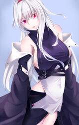  azur_lane bare_shoulders belt breasts coat colorado_(azur_lane) commentary_request detached_sleeves dress female hair_over_one_eye hairband highres junno_(jun12man) large_breasts long_hair looking_at_viewer red_eyes sideboob sleeveless sleeveless_dress solo white_hair 