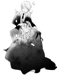  1boy aged_down bug butterfly closed_eyes commentary_request dress female flower formal freckles frilled_sleeves frills greyscale hair_flower hair_ornament hand_on_another&#039;s_face hand_on_another&#039;s_head hand_on_another&#039;s_knee isabella_(yakusoku_no_neverland) lap_pillow leslie_(yakusoku_no_neverland) long_dress long_hair long_sleeves monochrome neck_tattoo necktie ni-si_(nisi_kun) number_tattoo one-piece_swimsuit pants parted_lips simple_background sitting sleeping smile suit swimsuit tattoo white_background yakusoku_no_neverland 