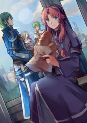  2boys 2girls ao_no_kiseki bad_id bad_pixiv_id bag baguette belt blue_eyes book bread capelet cloud cloudy_sky coat day eating ein_selnate eiyuu_densetsu expressionless food green_hair habit hair_over_one_eye hair_tubes hand_on_own_face highres jacket jewelry kevin_graham lanlanlu_(809930257) lens_flare long_hair long_sleeves looking_at_another looking_at_viewer medallion multiple_boys multiple_girls nun pants paper_bag parted_bangs pendant profile red_eyes red_hair ries_argent sidelocks sitting sky sora_no_kiseki spiked_hair standing sunlight wazy_hemisphere wide_sleeves yellow_eyes zero_no_kiseki 