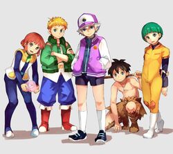  5boys arm_behind_back arm_support blonde_hair blue_bodysuit blue_pants bodysuit boots bowl_cut bright_pupils brown_eyes brown_hair carrying closed_mouth commentary_request doraemon doraemon:_nobita_no_getsumen_tansaki doraemon:_nobita_no_himitsu_dougu_museum doraemon:_nobita_no_nihon_tanjou doraemon:_nobita_no_takarajima doraemon:_nobita_no_uchuu_kaitakushi flock_(doraemon) geetgeet green_eyes green_jacket grey_background hands_in_pockets jacket jumpsuit kukuru_(doraemon) kurt_hartmann letterman_jacket looking_at_viewer male_focus multiple_boys otoko_no_ko pants popon_(doraemon) red_footwear ropple shorts smile squatting tsukino_luca vest whistle white_hair 