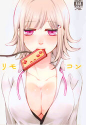  blush breasts cleavage collarbone commentary_request controller danganronpa_(series) danganronpa_2:_goodbye_despair female flipped_hair galaga game_controller hair_ornament large_breasts light_brown_hair looking_at_viewer medium_hair mouth_hold nanami_chiaki open_clothes open_shirt pink_eyes ribbon shimoneta shirt simple_background solo translated upper_body white_background white_shirt 