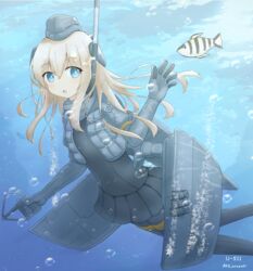  1other absurdres air_bubble black_bodysuit blonde_hair blue_eyes bodysuit bubble commentary_request cropped_jacket diving_suit female fish garrison_cap hat highres kancolle_arcade kantai_collection long_hair long_sleeves looking_at_viewer machinery military military_uniform pale_skin puffy_long_sleeves puffy_sleeves rigging shonasan snorkel u-511_(kancolle) underwater uniform waving wetsuit 