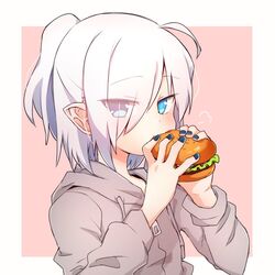  blue_eyes eating female female food hair_over_one_eye hamburger higashi_shino holding holding_food hood hoodie nail_polish original pointy_ears ponytail slit_pupils solo white_hair 