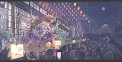  6+girls andon_(lighting) aqua_hair ball_and_chain_(weapon) barefoot bicycle blurry brown_hair cellphone chains commentary_request concert dark dark_haired_kappa depth_of_field electricity exhausted festival gourd highres hill horn_ornament horn_ribbon horns ibuki_suika kappa_mob_(touhou) kawashiro_nitori lantern lying masu moon multiple_girls music nagi_(xx001122) night on_stomach open_mouth phone profile ribbon singing sitting skirt sky sleeveless smartphone speaker stage touhou twintails two_side_up 