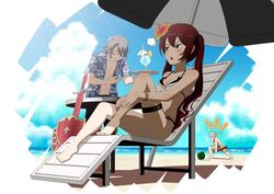  2boys alternate_costume bad_id bad_pixiv_id barefoot beach beach_chair beach_umbrella bikini blindfold blonde_hair blue_shirt blush bowing bracelet breasts brown_eyes cleavage closed_eyes cloud cloudy_sky cup dash_(dasshu) day drink drinking_glass drinking_straw female fire_emblem fire_emblem_fates floral_print flower food fruit grey_hair hair_flower hair_ornament hand_over_face highres jewelry laslow_(fire_emblem) lemon lemon_slice long_hair multiple_boys navel ocean odin_(fire_emblem) open_clothes open_mouth open_shirt outdoors pose red_hair scabbard selena_(fire_emblem_fates) sheath sheathed shield shirt short_hair shorts sitting sky small_breasts stick suikawari sunlight swimsuit sword table thigh_strap tray twintails umbrella watermelon weapon white_bikini 