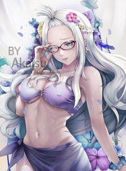  akaisu bikini black_nails blue_bikini blue_bra blue_eyes blush bra bracelet breasts earrings erect_nipples fairy_tail female flower glasses hair_flowers hair_tie highres jewelry large_breasts long_hair looking_at_viewer mirajane_strauss nail_polish navel navel_piercing piercing shiny shiny_skin smile solo solo_focus standing swimsuit underwear white_hair 