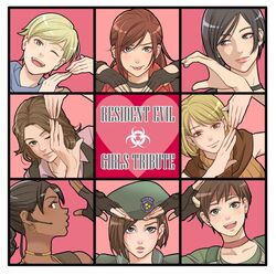  6+girls ada_wong ashley_graham beret black_hair blonde_hair blue_eyes blush bob_cut brown_eyes brown_hair choker claire_redfield commentary_request dark-skinned_female dark_skin earrings fingerless_gloves gloves hat heart heart_hands heart_trace helena_harper highres hitsuji_merry jewelry jill_valentine long_hair looking_at_viewer multiple_girls necklace one_eye_closed orange_shirt ponytail rebecca_chambers resident_evil resident_evil_0 resident_evil_1 resident_evil_2 resident_evil_4 resident_evil_5 resident_evil_6 scarf sherry_birkin sheva_alomar shirt short_hair sleeveless sleeveless_turtleneck smile turtleneck 