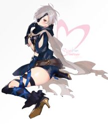  belt blush boots breasts brown_eyes center_opening commentary_request elbow_gloves eyepatch female gloves granblue_fantasy grey_hair high_heel_boots high_heels highres nishikiya scarf short_hair short_shorts shorts signature sitting solo tanya_(granblue_fantasy) thigh_strap wariza white_background 