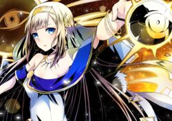  blonde_hair blue_eyes blunt_bangs commentary_request divine_gate dress earrings female floating_hair hairband jewelry lens_flare long_hair mady_(madine08260) necklace outstretched_arm parted_lips solo standing upper_body very_long_hair white_dress yellow_hairband 