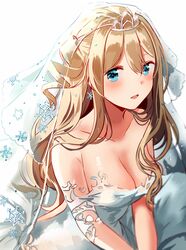  bare_shoulders blonde_hair blue_eyes blush breasts bridal_veil cleavage collarbone commentary dress female girls&#039;_frontline hair_between_eyes large_breasts long_hair looking_at_viewer official_alternate_costume open_mouth silence_girl solo suomi_(blissful_mission)_(girls&#039;_frontline) suomi_(girls&#039;_frontline) tiara veil wavy_hair wedding_dress 