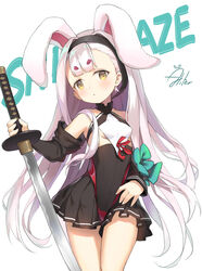  aliter animal_ears azur_lane bare_shoulders black_hairband black_skirt black_sleeves blush brown_eyes character_name closed_mouth commentary detached_sleeves female fingernails hair_intakes hairband head_tilt highres holding holding_sword holding_weapon katana long_hair long_sleeves pink_hair rabbit_ears shimakaze_(azur_lane) short_eyebrows signature simple_background skirt sleeveless solo sword text_background thick_eyebrows very_long_hair weapon white_background 