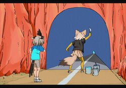  2girls animal_ears bike_shorts bird_tail bird_wings blonde_hair blue_shirt commentary coyote_(kemono_friends) dog_tail elbow_gloves gloves greater_roadrunner_(kemono_friends) grey_hair head_wings jacket kemono_friends letterboxed light_brown_hair looney_tunes multicolored_hair multiple_girls paint paintbrush painting_(object) pleated_skirt shirt shoes short_hair short_sleeves skirt sneakers socks t-shirt tail thighhighs two-tone_shirt wings wolf_ears yellow_gloves yellow_legwear yuuki_(yuuki333) zettai_ryouiki 