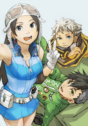  2boys asahi_(megami_tensei) belt black_eyes black_hair blue_eyes breasts brown_hair commentary_request dress facial_mark female geetgeet gloves goggles goggles_on_head green_eyes hallelujah_(megami_tensei) hat helmet jacket jewelry long_hair looking_at_viewer multiple_boys nanashi_(megami_tensei) open_mouth shin_megami_tensei shin_megami_tensei_iv shin_megami_tensei_iv_final smile tattoo undercut uniform vest white_hair 