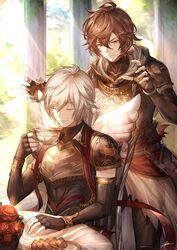  2boys armor brown_hair closed_eyes commentary_request cookie cup elbow_gloves fingerless_gloves food gloves granblue_fantasy highres hood hood_down lucio_(granblue_fantasy) male_focus mini_wings multiple_boys outdoors red_eyes sandalphon_(granblue_fantasy) short_hair sitting smile table teacup tenyo0819 white_hair wings 