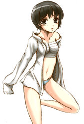  black_eyes black_hair breasts female medium_breasts original panties short_hair simple_background solo striped striped_panties underwear wakame white_background 