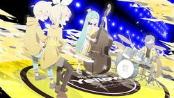  2boys 2girls aqua_hair bass_guitar blonde_hair blue_hair blush_stickers bow circle_name closed_eyes commentary_request cymbals dress drum drum_set drumsticks formal gyari_(imagesdawn) hair_ornament hairbow hairclip hat hatsune_miku highres hood hoodie instrument jacket kagamine_len kagamine_rin kaito_(vocaloid) keyboard_(instrument) long_hair mini_hat mini_top_hat multiple_boys multiple_girls music playing_instrument sandals scarf short_hair sitting smile song_name spotlight suit top_hat transparent transparent_seat twintails very_long_hair vocaloid yellow_(vocaloid) yellow_dress yellow_headwear yellow_hoodie yellow_jacket yellow_suit 