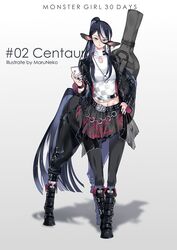  belt boots centaur dog_tags female female full_body jacket looking_at_viewer maruneko monster_girl simple_background skirt solo 