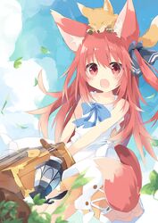  :d animal animal_ear_fluff animal_ears animal_on_head bare_arms bare_shoulders blue_bow blue_sky blurry blurry_background blush bow cloud commentary_request day depth_of_field dress dutch_angle female fox fox_ears fox_girl fox_on_head fox_tail hair_between_eyes hairbow highres holding kushida_you lantern leaf long_hair looking_at_viewer oerba_yun_fang on_head open_mouth original outdoors red_eyes red_hair sky sleeveless sleeveless_dress smile solo suitcase sundress tail very_long_hair white_dress 