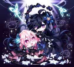  2girls bad_id bad_twitter_id blue_butterfly braid bug butterfly chibi commentary_request daydreamer_(elsword) elsword flower g_ieep hair_flower hair_ornament korean_commentary laby_(elsword) long_hair multiple_girls nisha_(elsword) nisha_labyrinth_(elsword) smile spirit tears very_long_hair 